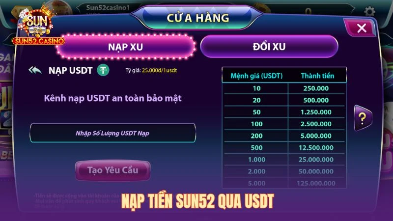 Nạp tiền qua phương thức USDT