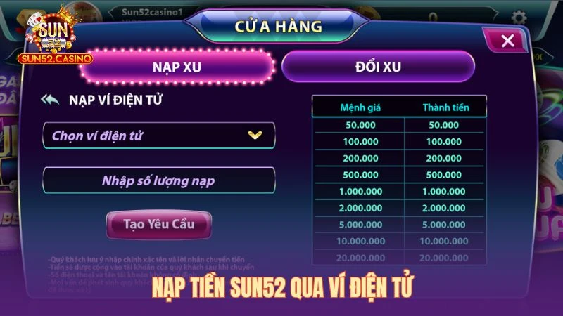 Nạp tiền Sun52 qua ví điện tử