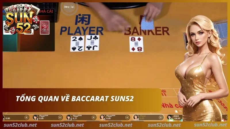 Sảnh cược Baccarat Sun52 chuyên nghiệp Baccarat Sun52 với các lá bài đã chia ở khu vực Player và Banker.