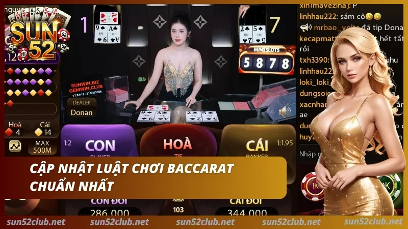 Luật chơi Baccarat Sun52 chi tiết Bàn Baccarat với các cửa Con, Hòa, Cái và điểm số hai bên.