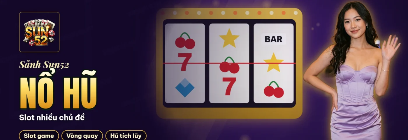 Màn hình game nổ hũ với các cuộn quay, biểu tượng và thanh hũ thưởng phía trên Màn hình game nổ hũ với các cuộn quay, biểu tượng và thanh hũ thưởng phía trên